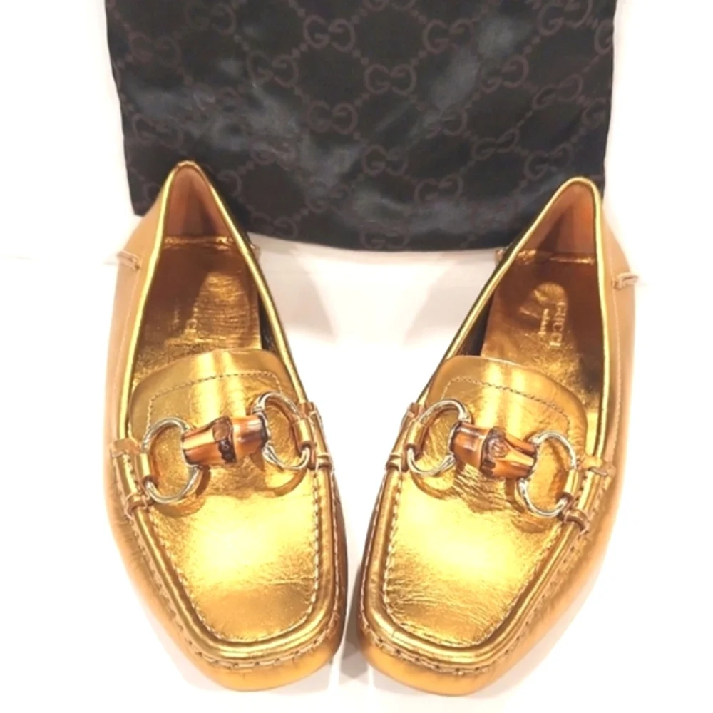 NEW!! Gucci Bamboo Horsebit Gold Leather Driving Shoes Loafers 155162 Size 5B